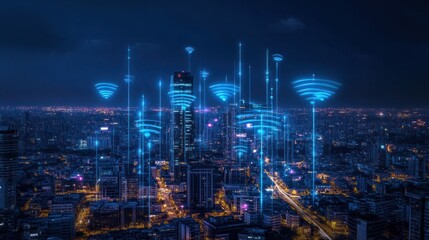 Fototapeta premium Illuminated Urban Landscape Showcasing 5G Network Connectivity in a Modern City