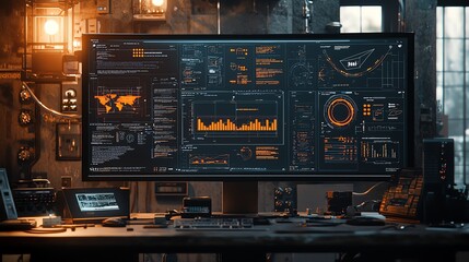 Obraz premium Futuristic workspace with data analytics display.