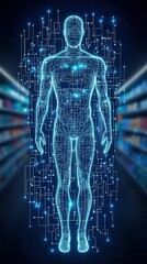 Futuristic digital human body silhouette with glowing lines and nodes representing data and connectivity.