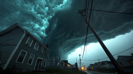 Fototapeta premium Dramatic Storm Clouds Over Suburban Houses with Dark Sky and Lightning, Capturing the Power of Nature and the Threatening Atmosphere of Approaching Severe Weather