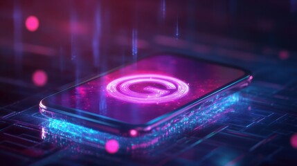 Interactive holographic 5g text icon over mobile phone with copy space for text placement