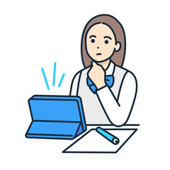 タブレットで学習する制服姿の女子高生のイラスト。考える女の子。