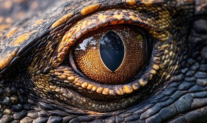 Naklejka premium Close-up of a reptilian eye showcasing intricate textures and colors.