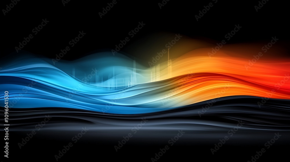 Poster abstract fluid waves in vibrant colors of blue, orange, and black, creating a dynamic visual flow wi