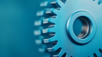 Blue Metal Gears: Close-up of two interlocking blue metal gears against a teal background, symbolizing precision, engineering, and the seamless workings of a complex system.