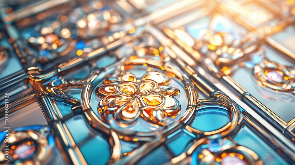 Poster close-up of intricate stained glass windows with a soft glow.