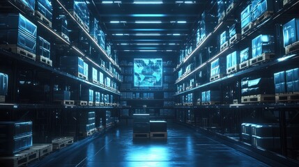 Modern holographic warehouse with organized boxes and pallets on shelves, surrounded by futuristic digital data visualization of global logistics.