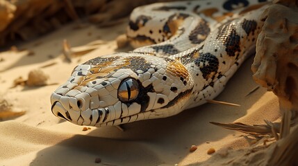 Naklejka premium A close-up of a beautifully patterned snake resting on sandy terrain.
