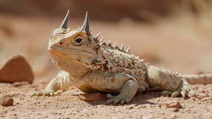 Fototapeta premium A close-up of a spiky lizard resting on the ground in a natural habitat.