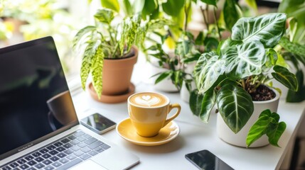 Flat lay workspace with a coffee cup, laptop, and plants on a clean white surface, promoting focus and calm productivity
