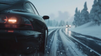 Fototapeta premium A black car is driving down a snowy road thought winter forest.