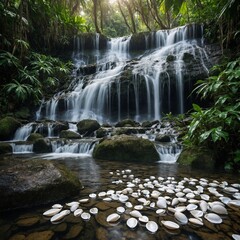 Obraz premium Jungle Waterfall and White Shells: A cascading waterfall in a jungle setting with white shells placed artfully on the rocks below.