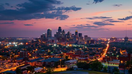 Fototapeta premium A city skyline at dusk, with glowing lights and tall buildings.