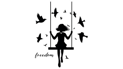 Silhouette of Girl Swinging Joyfully with Birds in Flight