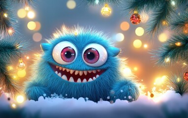 Naklejka premium happy cute adorable furry 3d monster cartoon charachter with huge eyes christmas background 