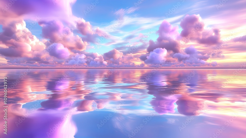 Poster feather-soft clouds rolling over a calm, endless sea at dawn
