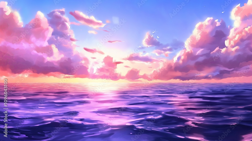 Poster feather-soft clouds rolling over a calm, endless sea at dawn