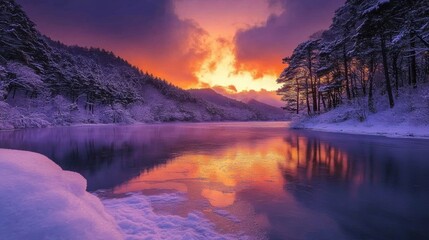 Dramatic winter sunset with fiery orange and deep purple hues, reflecting on a frozen lake, Winterscene