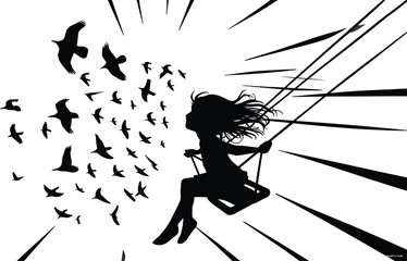 Silhouette of Girl Swinging Joyfully with Birds in Flight