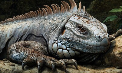 Obraz premium A close-up of a textured iguana resting on a rock, showcasing its scales and features.