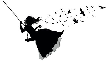 Silhouette of Girl Swinging Joyfully with Birds in Flight
