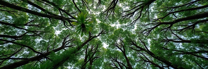 Fototapeta premium Overhead shot of a dense forest canopy showcasing its intricate network of branches and leaves, nature, foliage
