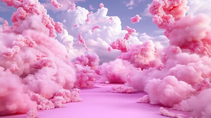 Fototapeta premium Fluffy cotton candy clouds in a surreal pink and lavender sky.