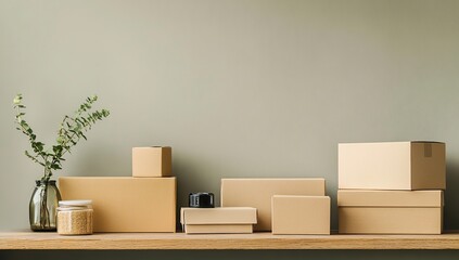 Calm Minimalist Home Organization with Cardboard Boxes and Greenery