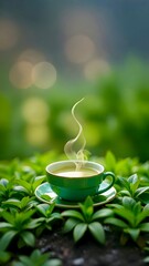 A freshly brewed cup of green tea on a pastel mint background surrounded by fresh green tea leaves. The concept is pure, soothing freshness.  Copy space
