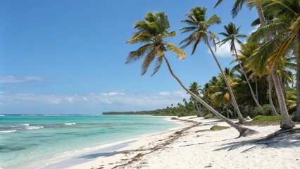 Palm trees stand tall on a tropical island beach with turquoise waters white sand and a relaxed atmosphere, beach foliage, relaxed atmosphere, white sand beach