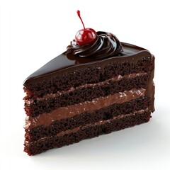A slice of chocolate cake topped with a cherry and chocolate swirl.