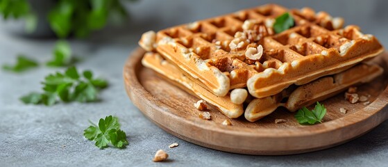 Fototapeta premium A plate of waffles topped with nuts and garnished with fresh herbs.