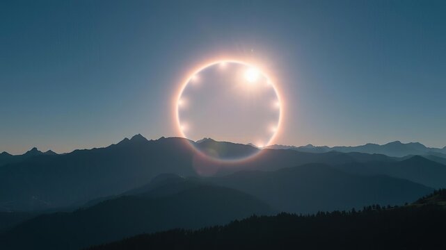 Parhelic circle with multiple bright spots and mountain landscape, circular rainbow, parhelion, bright spots