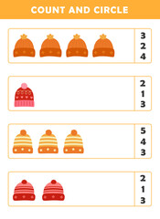 Winter activity sheet. Count and circle the correct number. Counting educational children game. Math kids activity sheet. How many counting game with cute winter clothing illustration.	