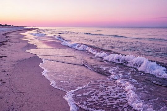 Peaceful lapping of pink and purple waves against the shore creates a calming atmosphere, reflection, movement, gentle, natural light