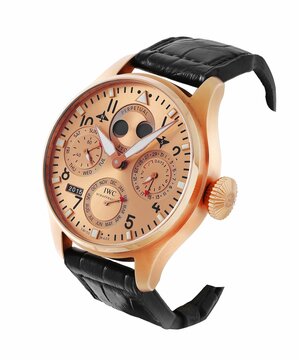 Luxury IWC Big Pilot Rose gold watch isolated on a white background