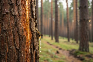Obraz premium Pine resin cascades down a vertical trunk, liquid flow, greenery, vertical drop