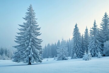 Naklejka premium Pine trees are dressed in a thick layer of snow their branches etched against a pale blue sky like delicate pen and ink drawings, snow-covered branches, quiet landscape