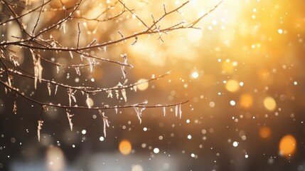 Delicate icicles hanging from a tree branch. Winter Scene