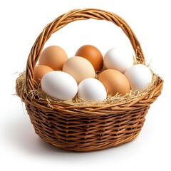A woven basket filled with various eggs resting on straw.