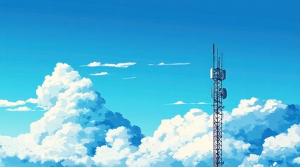 Obraz premium Telecommunication tower, broadcast pole, telephone transceiver or antenna with blue sky. Radio and satellite pole. Communication technology. Telecommunication industry. Mobile or telecom 4g 5g networ