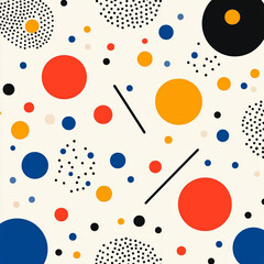 Bright and colorful abstract pattern featuring various circles and dots in red, blue, yellow, and black on light background, creating playful and dynamic visual effect