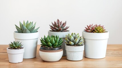 Fototapeta premium Potted Succulents on a Wooden Table, minimalist, modern