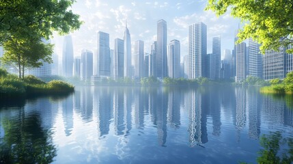 Obraz premium tranquil urban oasis with minimalist cityscape reflecting on calm water surface