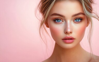 Naklejka premium beautiful woman on pink background