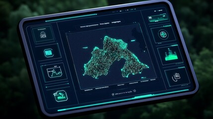Advanced Digital Map Interface with Network Connections Displayed on Tablet in Natural Setting, Reflecting Modern Technology and Geographic Representation