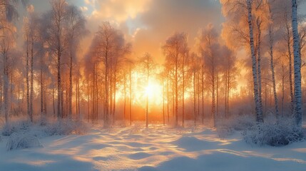 Winter birch grove. Snow is falling in the forest. Snow covered trees. Frosty, cold weather.