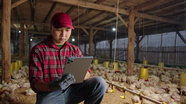 Modern broiler chicken farmer using a tablet in the coop to monitor poultry health and growth. Digital technology for sustainable farming. Innovation in poultry management.