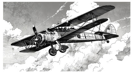 A detailed illustration features a vintage biplane soaring through a sky densely packed with dynamic clouds. The artwork highlights the aircraft's nostalgic design and movement.