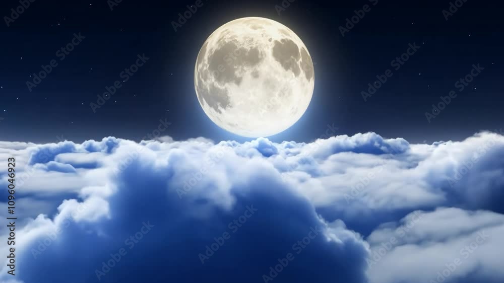 Poster the full moon illuminates the night, casting a soft glow on the fluffy clouds below. stars twinkle i